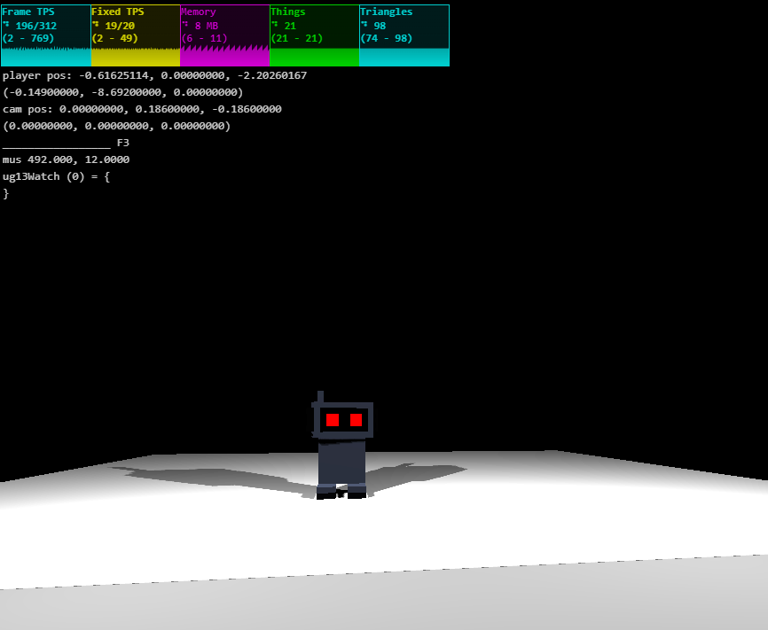 screenshot of the game, which is just a multibot looking at a mirror with debug info