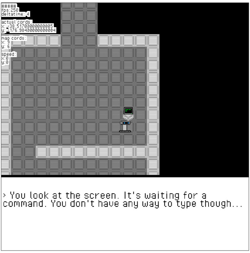 The game, with the robot at the terminal. A dialog is open, saying "You look at the screen. It's waiting for a command. You don't have any way to type though..."