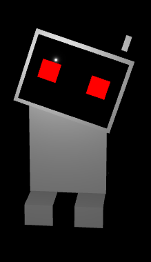 A shorter robot with red eyes and a tilted head.