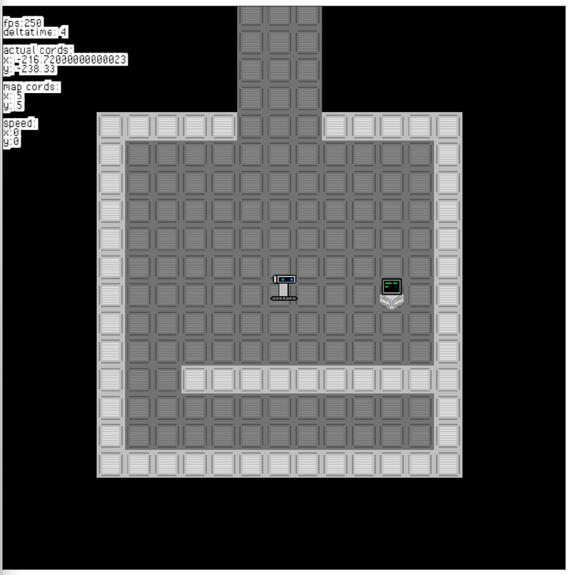 A screenshot of a 2D game. A robot is in some sort of facility, with a terminal near it in the room.