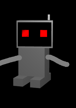 The short 3D robot with red eyes with some crudly drawn on arms.