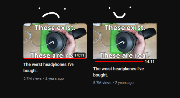 A comparison of the thing on and off. With it off, the length and total watched is covering text in the thumbnail. With it on, those elements were moved below the thumbnail, no longer obscuring the text. Video is "The worst headphones I've bought".