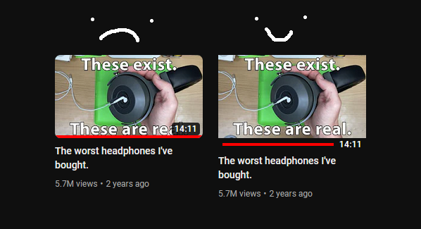 A comparison of the thing on and off. With it off, the length and total watched is covering text in the thumbnail. With it on, those elements were moved below the thumbnail, no longer obscuring the text. Video is "The worst headphones I've bought".