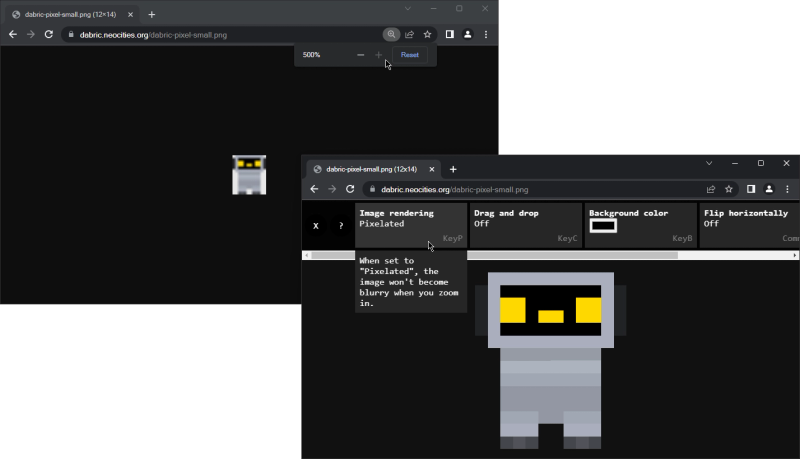 a screenshot comparing chrome's image viewer and image viewer+, both showing some pixel art. chrome's is tiny and blurry, image viewer+'s is big and not blurry as image rendering is set to pixelated.